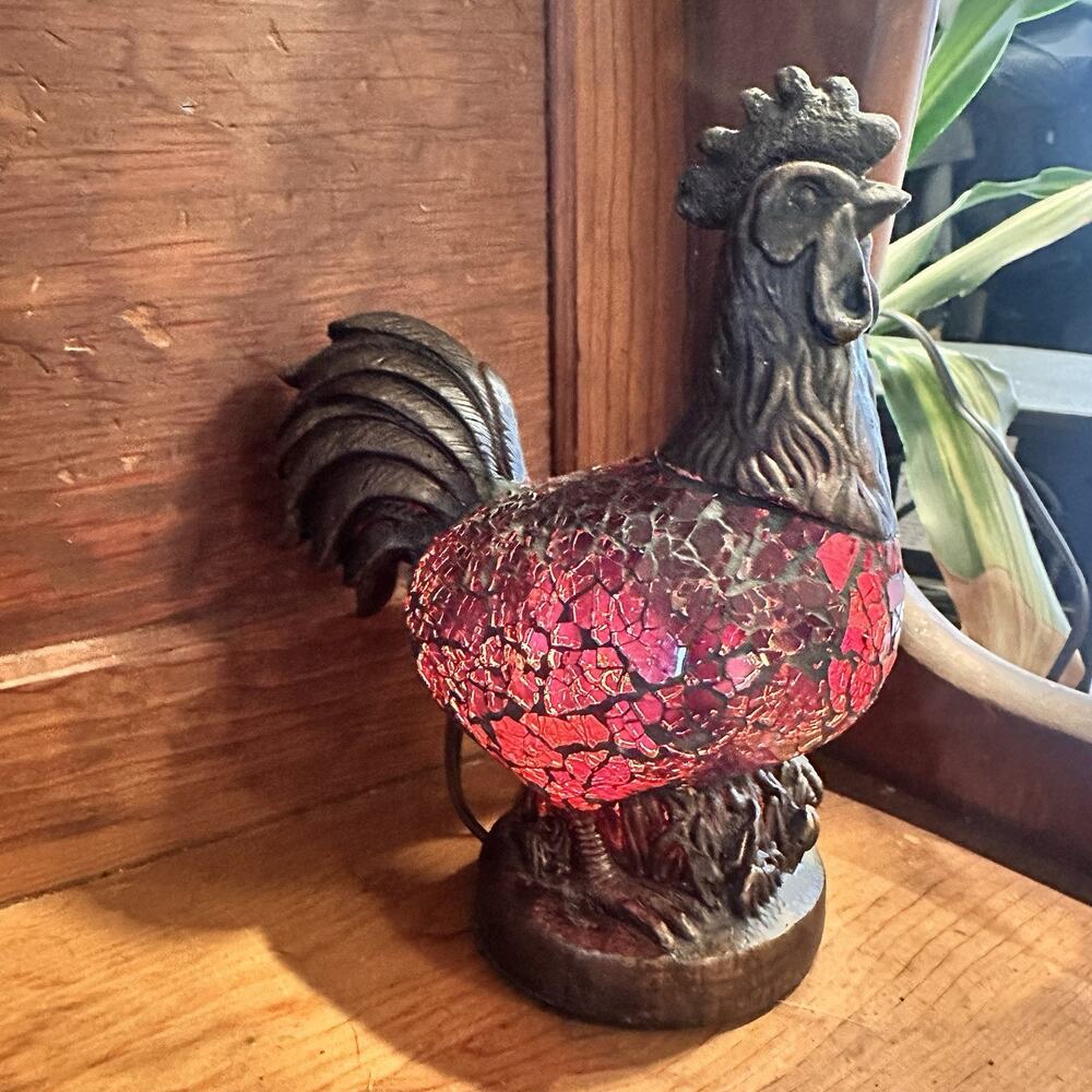 Vintage Bronze Tone Rooster Mosaic Glass Accent Lamp Kitchen Night Light 8"